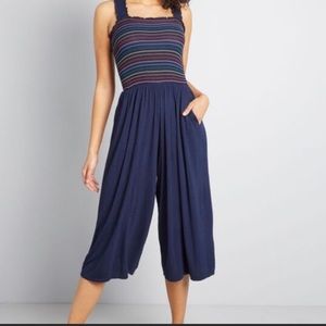 ModCloth Soft Cotton Romper with Rainbow Stitching Ruched Bodice